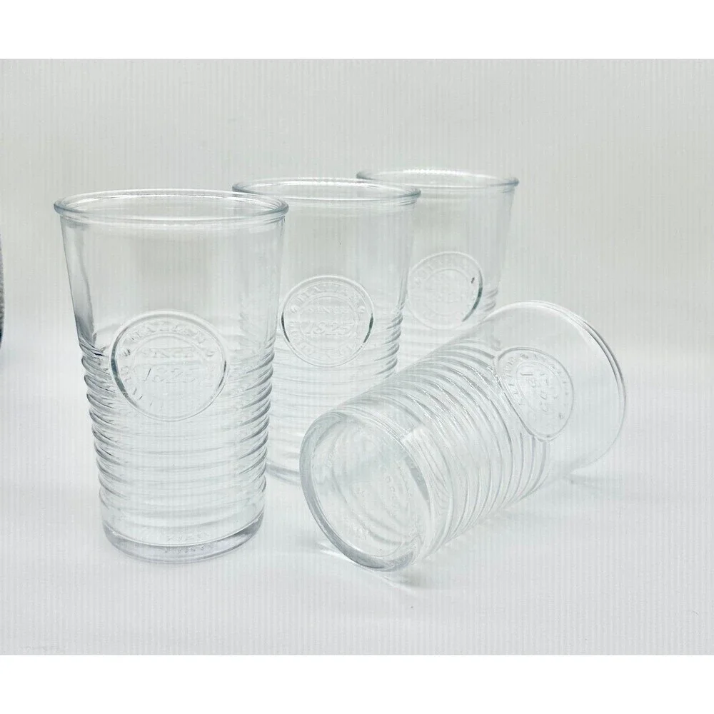 Set of 4  Bormioli Rocco Officina 1825 Glasses horizontal ridges embossed seal